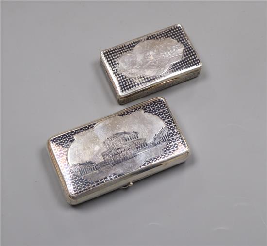 A 19th century Russian 84 zolotnik and niello cigarette case, 1873 and a similar earlier snuff box, 1858?, case 10.5cm.